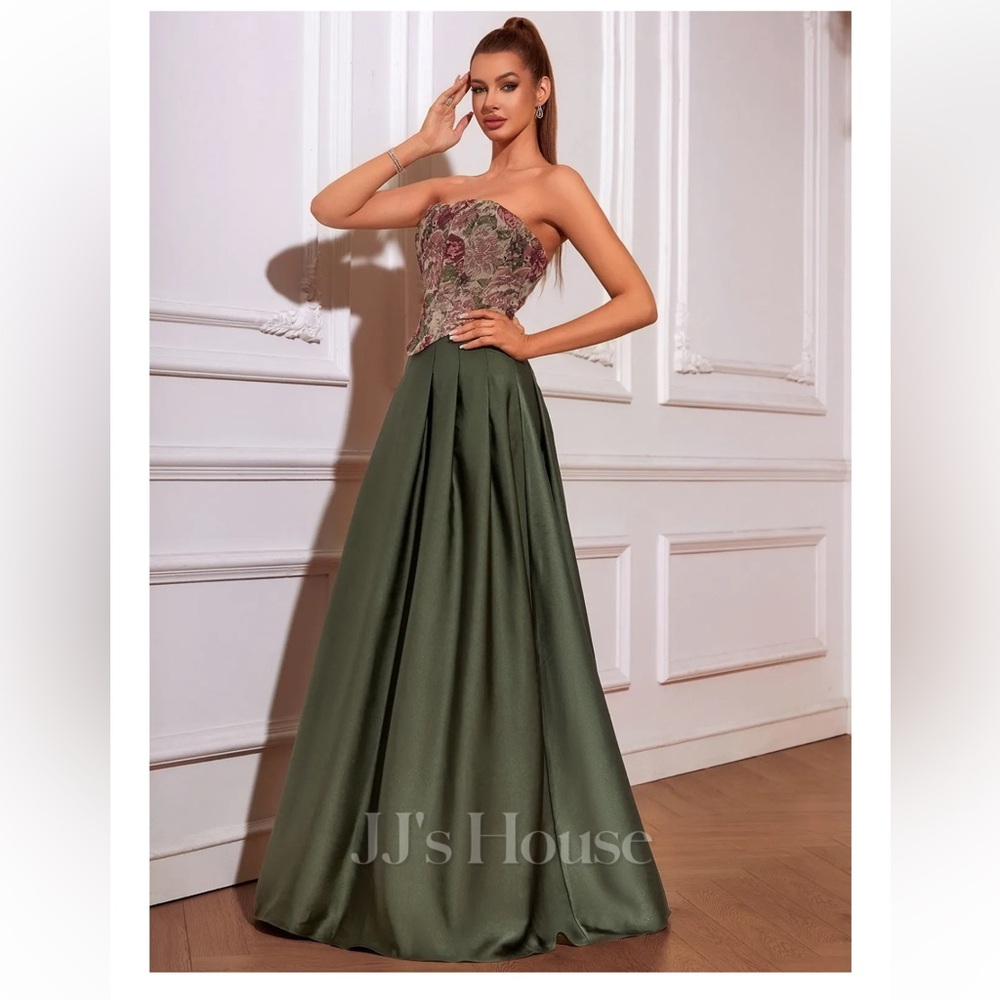 JJs House Olive Green Satin Maxi Dress with Floral Corset Top